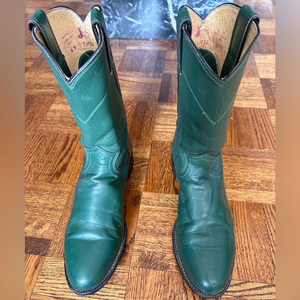 Justin Vintage Cowboy Original Green Roper Western Leather Boots - Made in USA